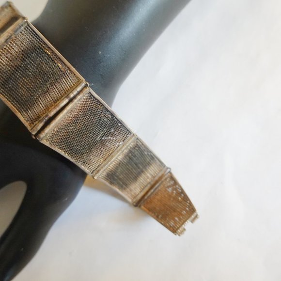 Antique Chinese Export Tiger's Eye Sterling Silver Filigree Bracelet - Picture 2 of 2